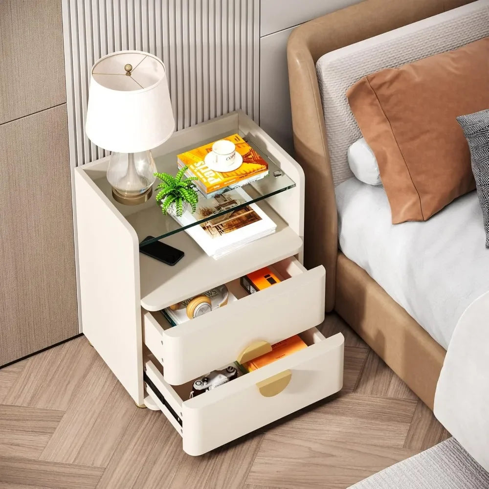 GRACELYNN Modern Glass-Top Nightstands Set of 2 – 2-Drawer Beige Bedside Table with Open Storage