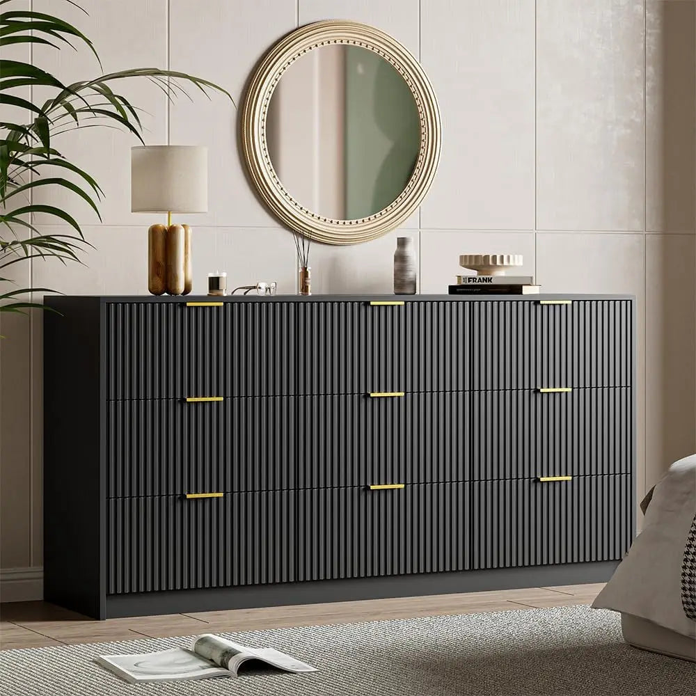 ANGELA Modern Fluted 9-Drawer Dresser - 63'' Wide Black Wood Storage Chest