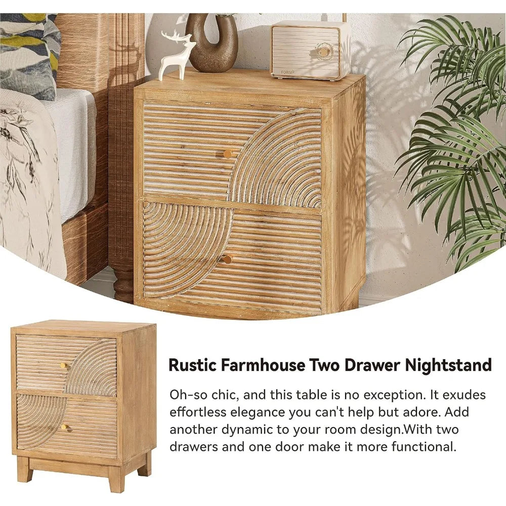 SYDNEY Mid Century Wooden Bedside Table with Handcrafted Ring Pattern, 2-Drawer
