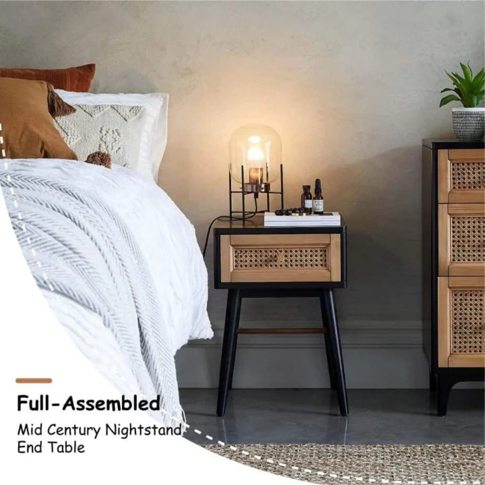 NAVY Farmhouse 3-Drawer Rattan Nightstand - 25" W Black Cane Front Accent Dresser with Brass Pulls