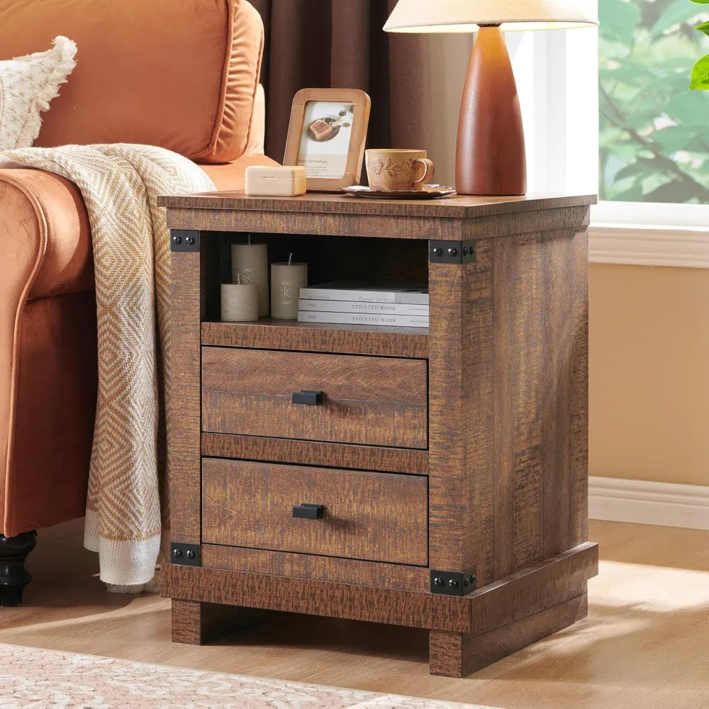 SELAH Rustic Farmhouse Nightstand with Charging Station – 18" Wooden End Table with Storage Drawers