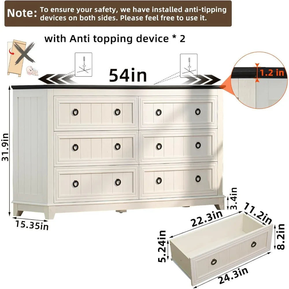 LONDYN Farmhouse 6-Drawer Wood Dresser - 54" Wide Rustic Storage Chest