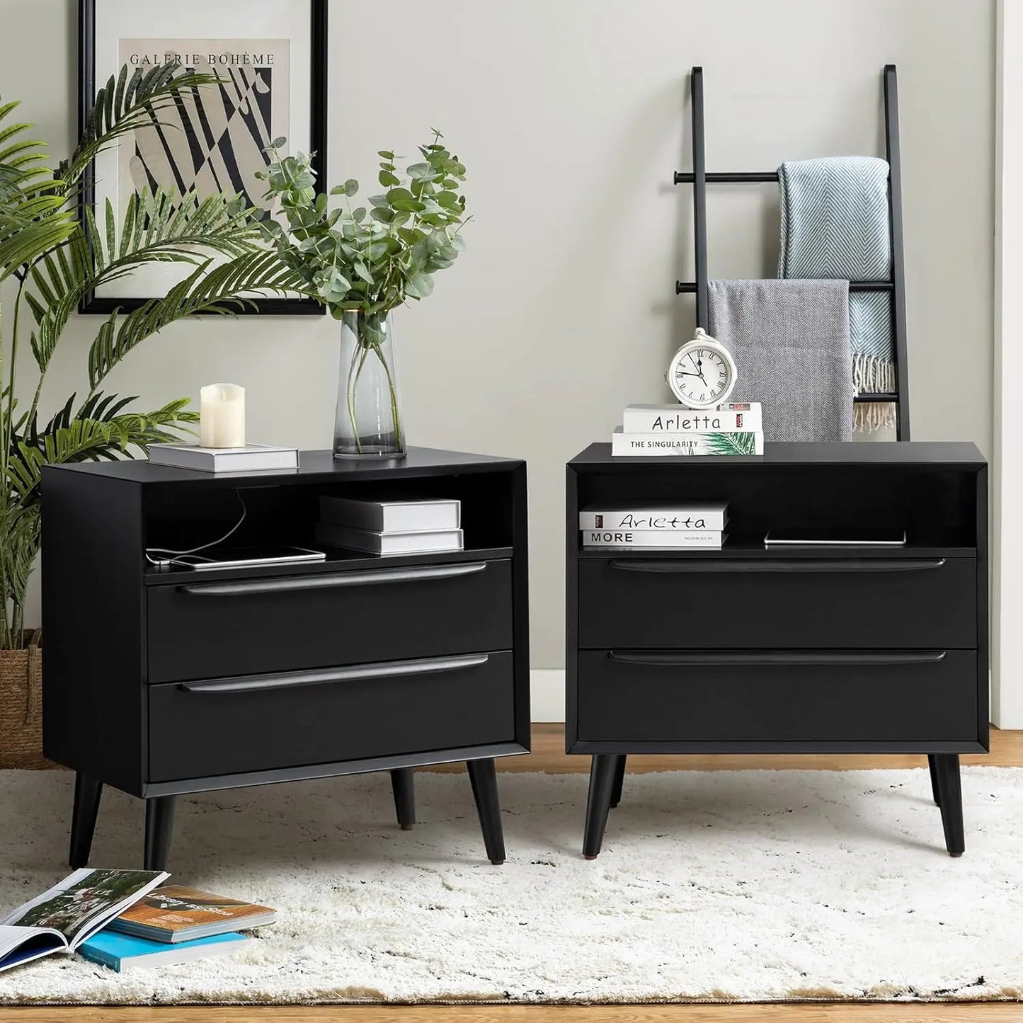 ESMERALDA Modern 28" Wide Nightstand with Charging Station, 2 Drawers & Open Shelf