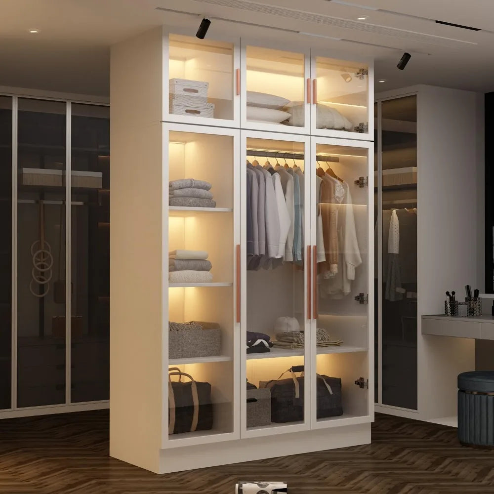 EVERLEE Modern Glass Door Wardrobe Armoire – LED-Lit Closet with Hanging Rod & Shelves