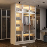 EVERLEE Modern Glass Door Wardrobe Armoire – LED-Lit Closet with Hanging Rod & Shelves