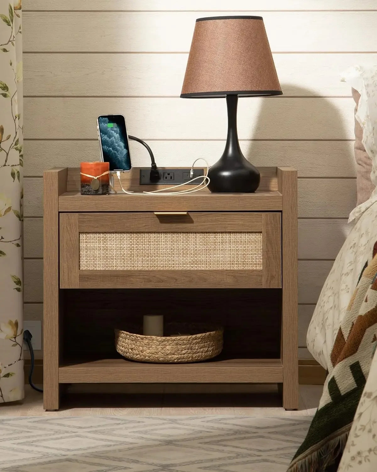 WYNTER Wide Bedside Table with Type-C Charging, 2 Drawers & Open Shelf