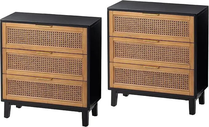 NAVY Farmhouse 3-Drawer Rattan Nightstand - 25" W Black Cane Front Accent Dresser with Brass Pulls