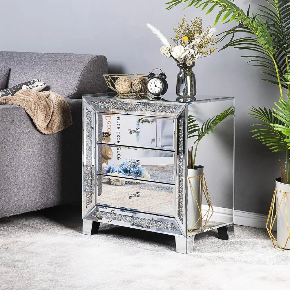AMORA Glam Mirrored Nightstand – Modern Crystal-Trimmed End Table with 3 Drawers, 23" Wide