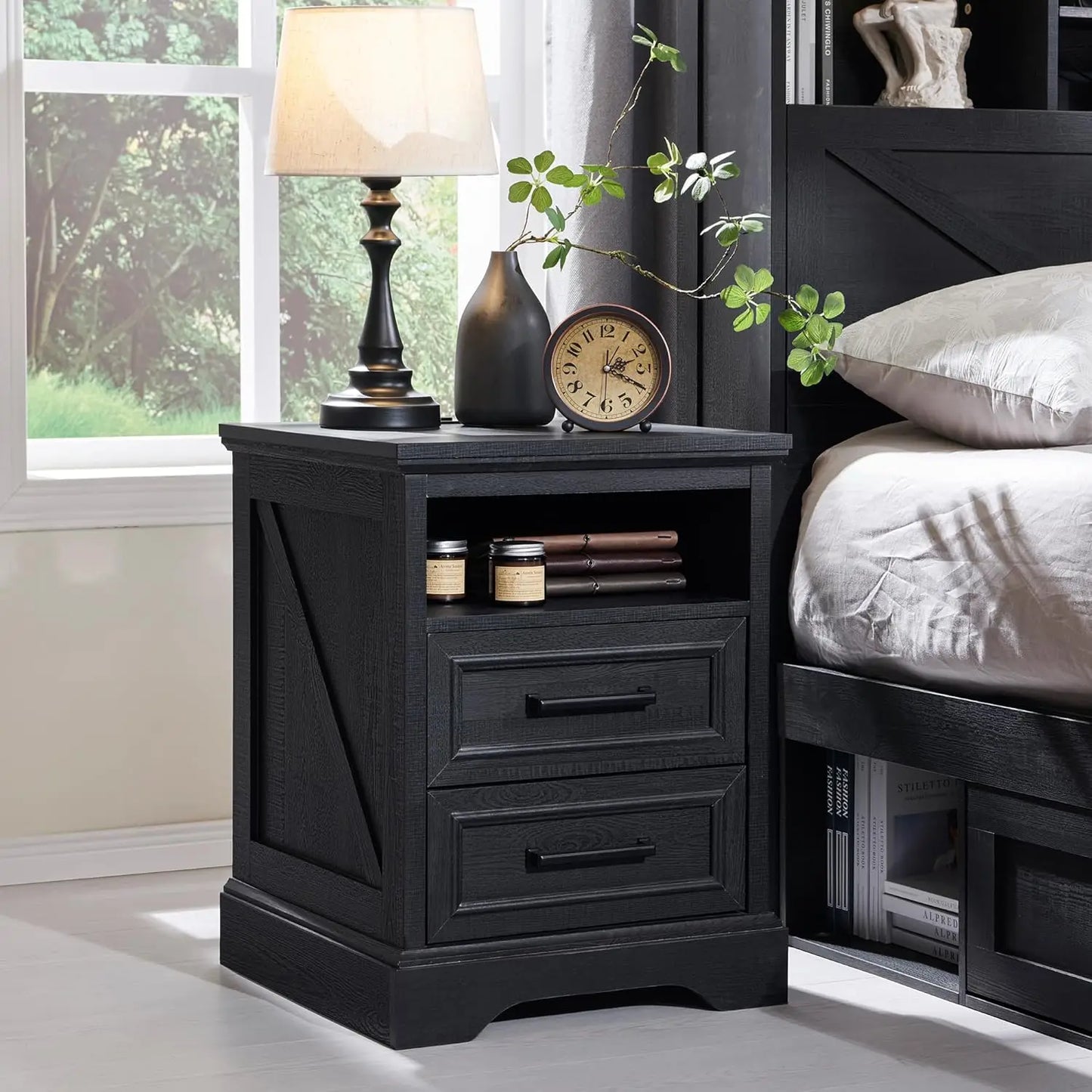 AMARI Farmhouse Nightstand with Charging Station – Rustic End Table with Storage Drawers – 18” Wide