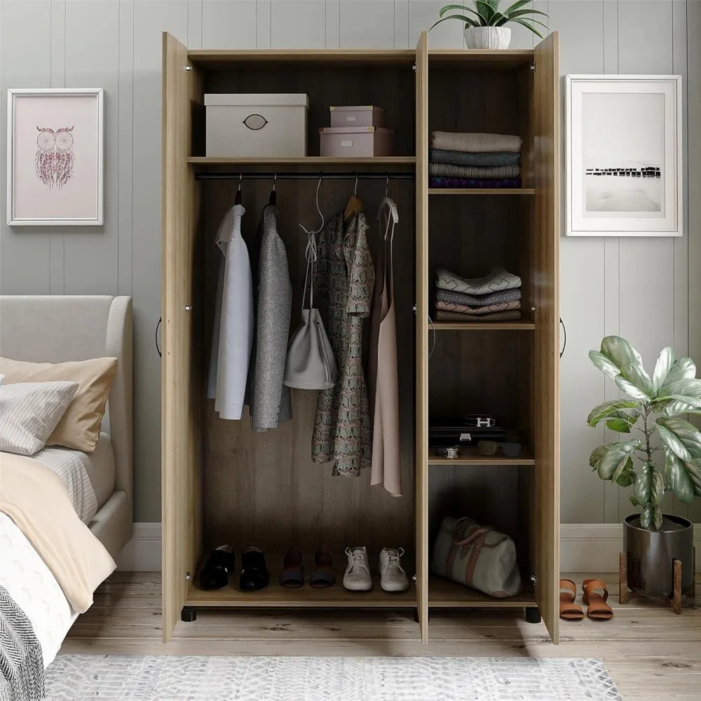 MAKENNA Natural Modern Basin 3-Door Adjustable Shelves Wardrobe