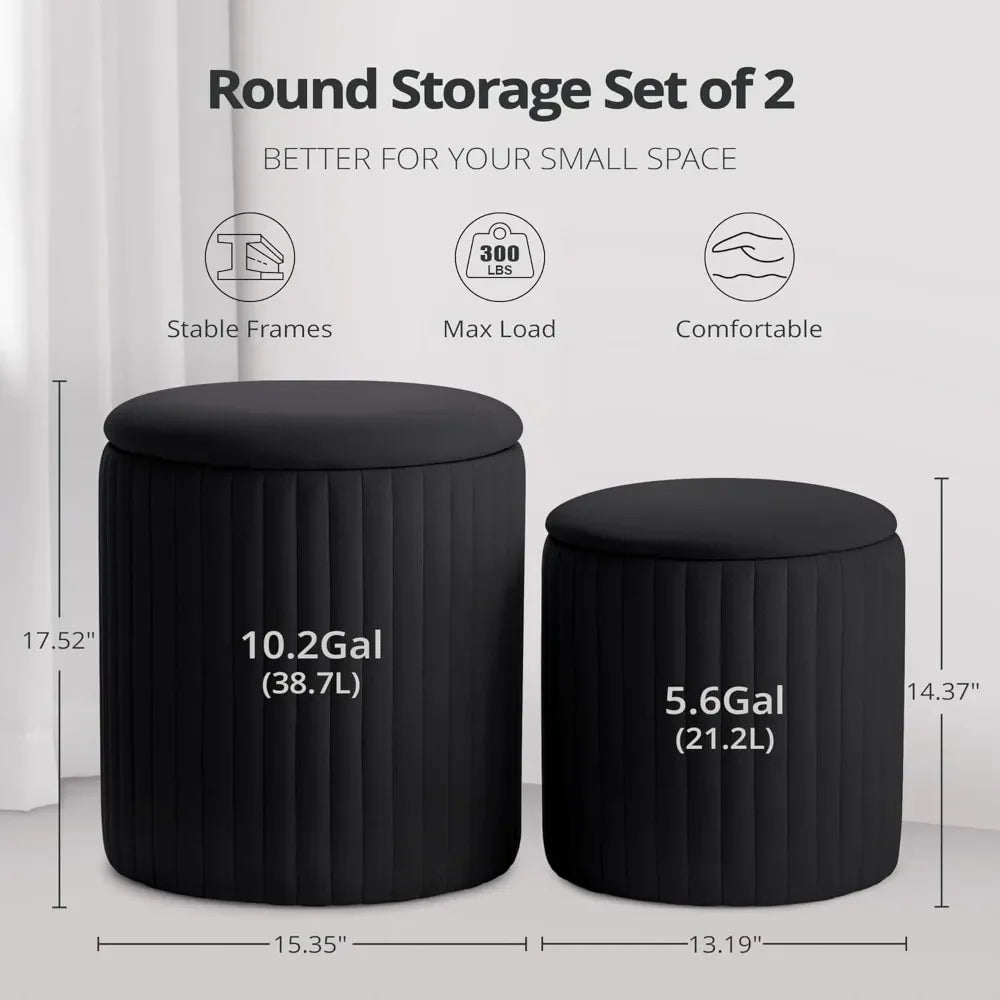 KENNEDY Round Velvet Upholstered Ottoman Set of 2 with Storage - 14.76" W