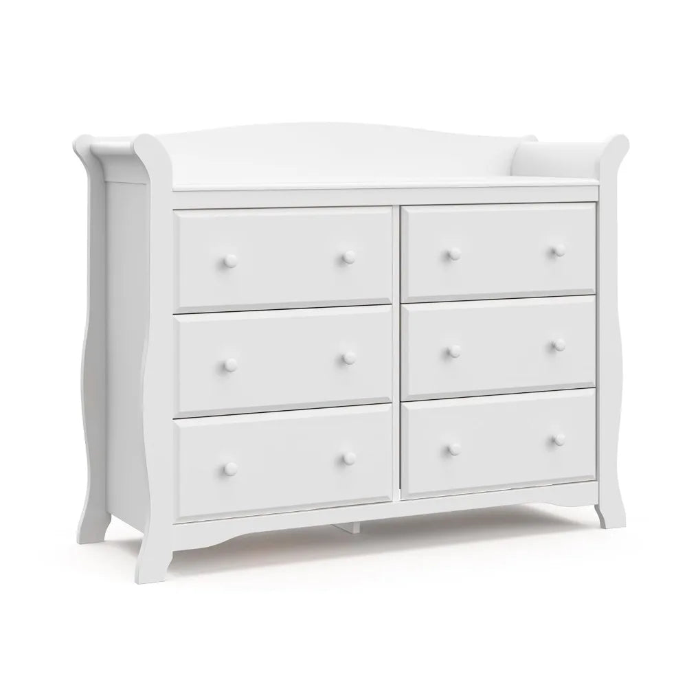 VERA Avalon Classic Sleigh 6-Drawer Dresser – White Wooden Chest for Nursery