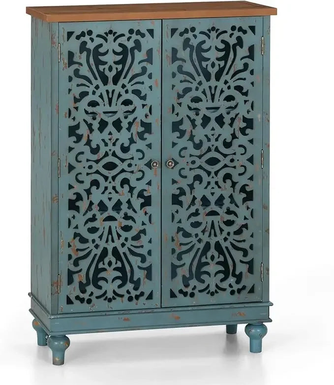 ALESSIA Vintage Carved Wood Accent Cabinet - 31.5" Tall Distressed Storage Cabinet