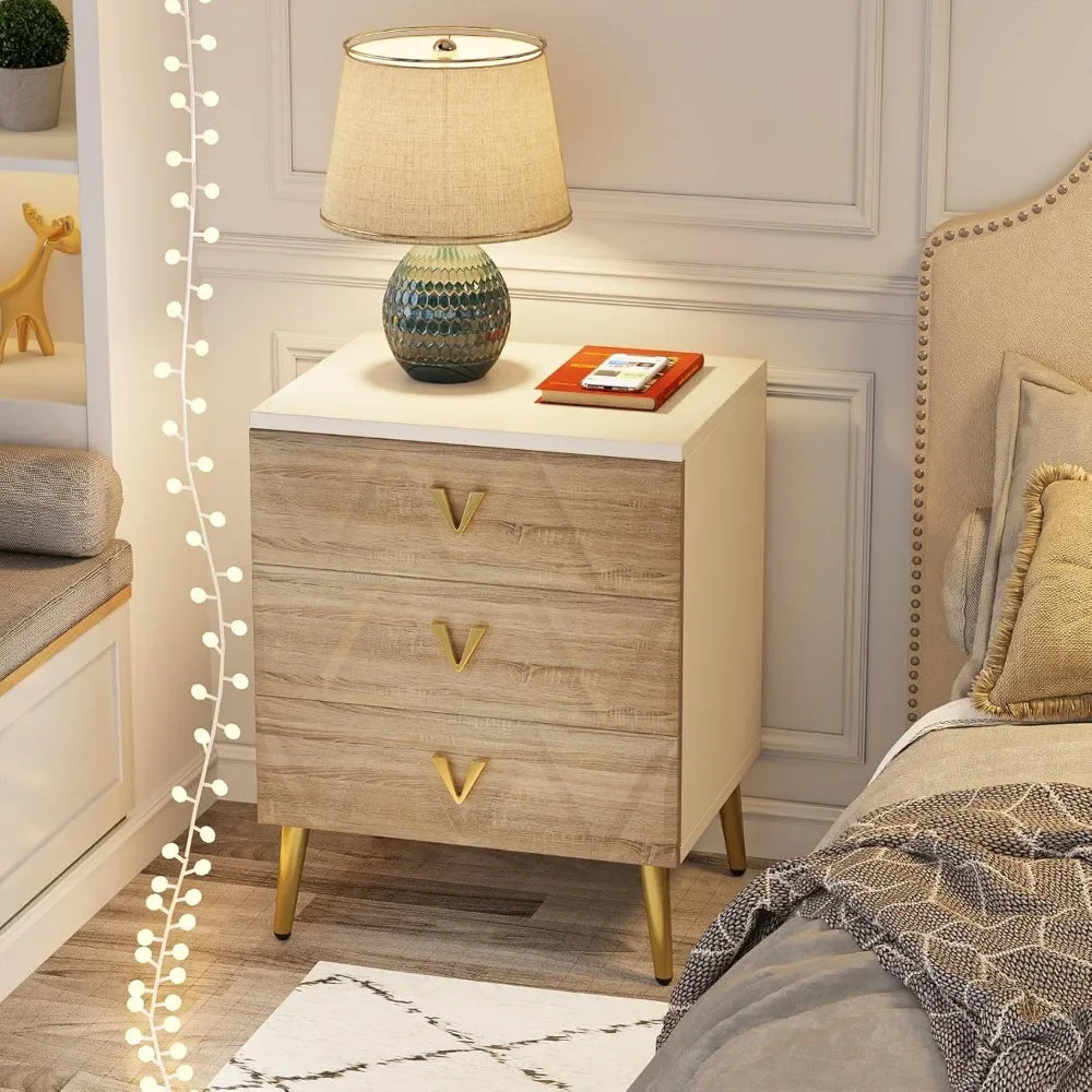 AZALEA Modern 3-Drawer Nightstand with Golden Legs - 19.69" W Stylish Bedside Table