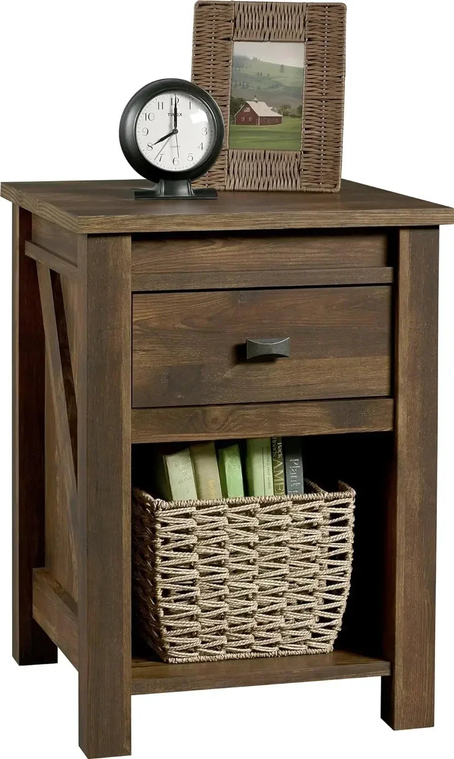 HEIDI Rustic Farmhouse Nightstand with Drawer & Open Shelf - 17.8"