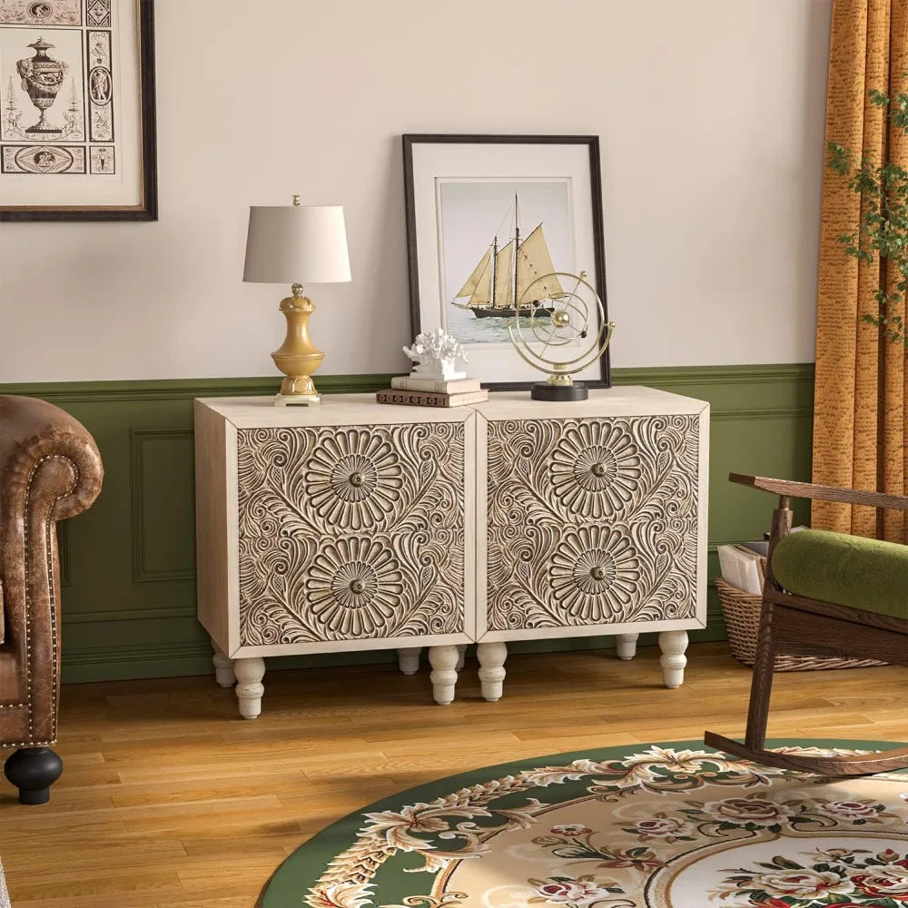 HOPE Vintage Floral Carved Wooden Nightstand Set – 18" Wide Bedside Table with 2 Drawers