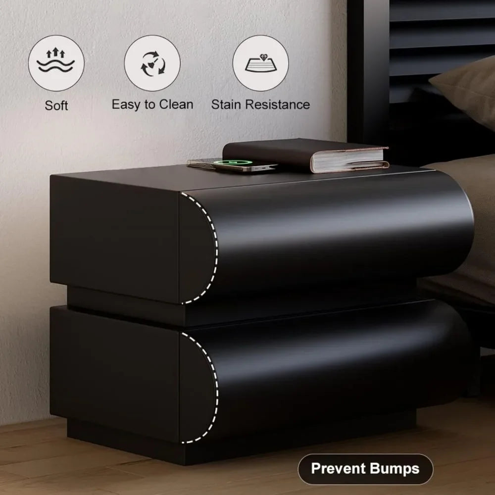 KAYLA Modern Black Leather Smart Nightstand with Wireless Charger - 19.7"