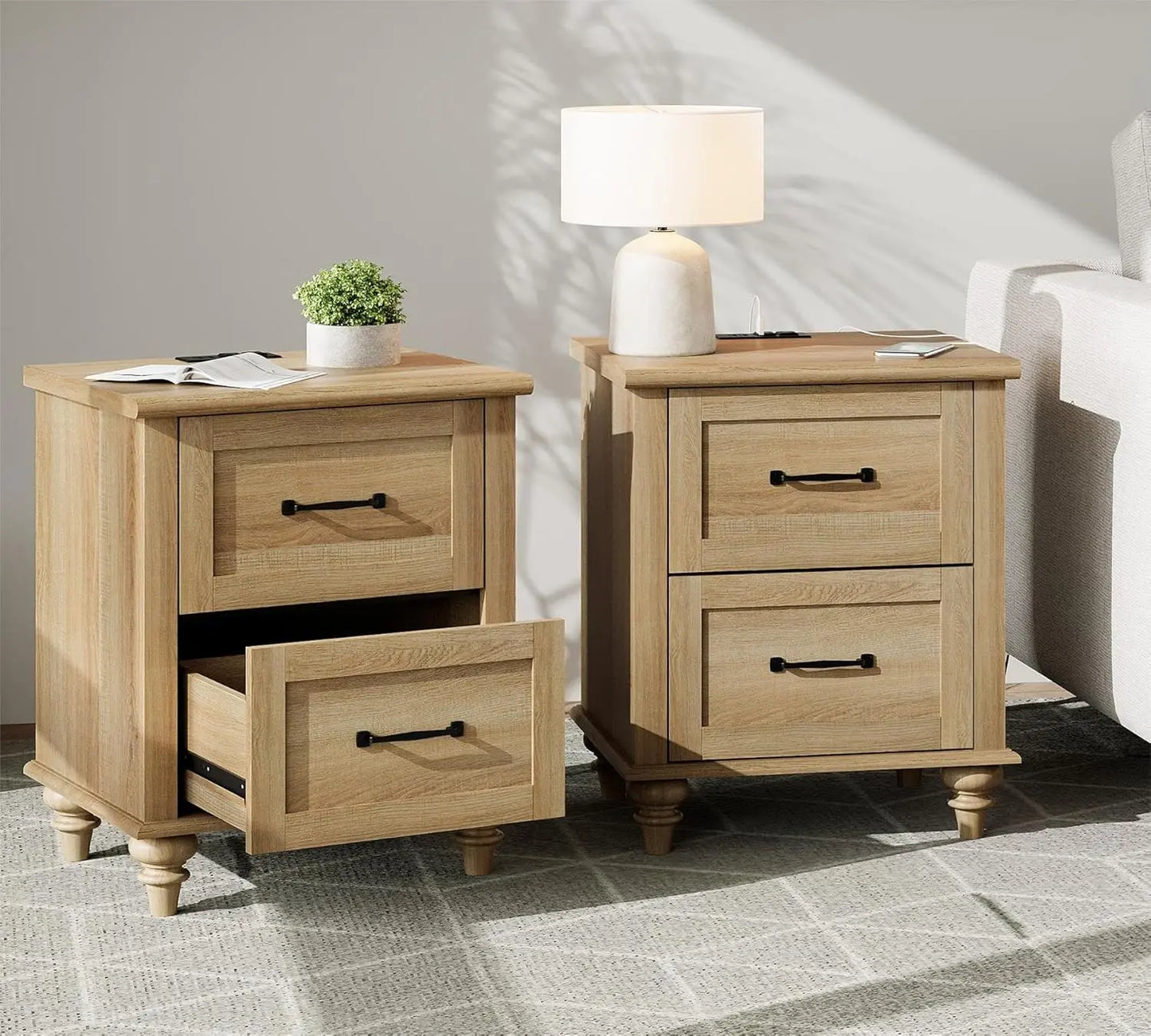 TESSA Wooden Nightstand Set of 2 - 2 Drawer Bedside Table with Charging Station
