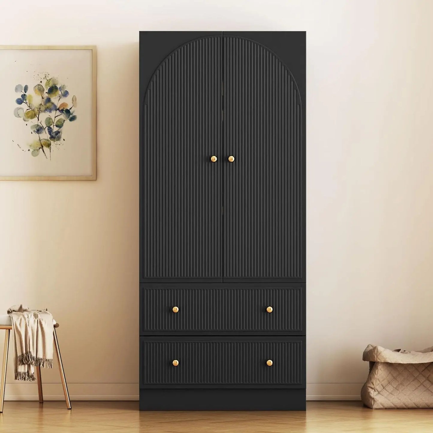 XIOMARA Modern Arched Groove Wardrobe Armoire – Freestanding 2-Door Closet with Drawers & Hanging Rod