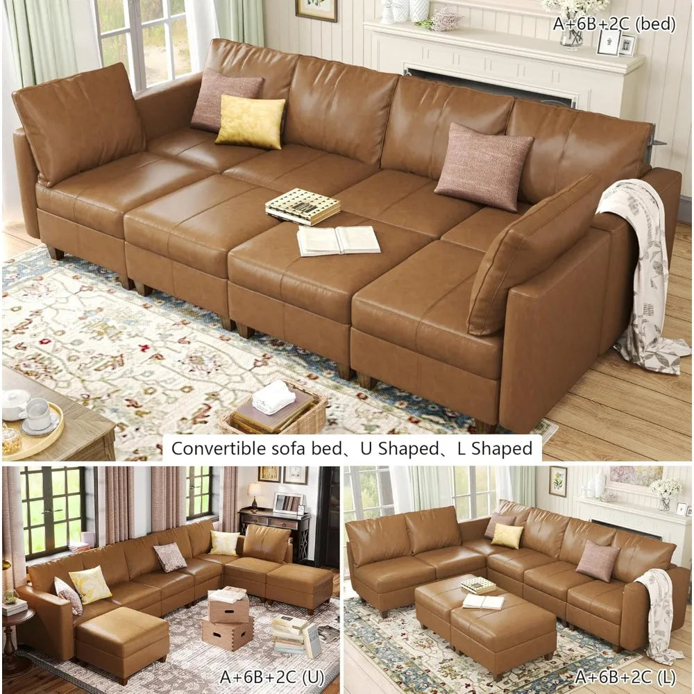 AVERY LuxOra Faux Leather U-Shaped Modular Sectional Sofa | Convertible Sleeper with Storage Ottomans – 118.2″ W
