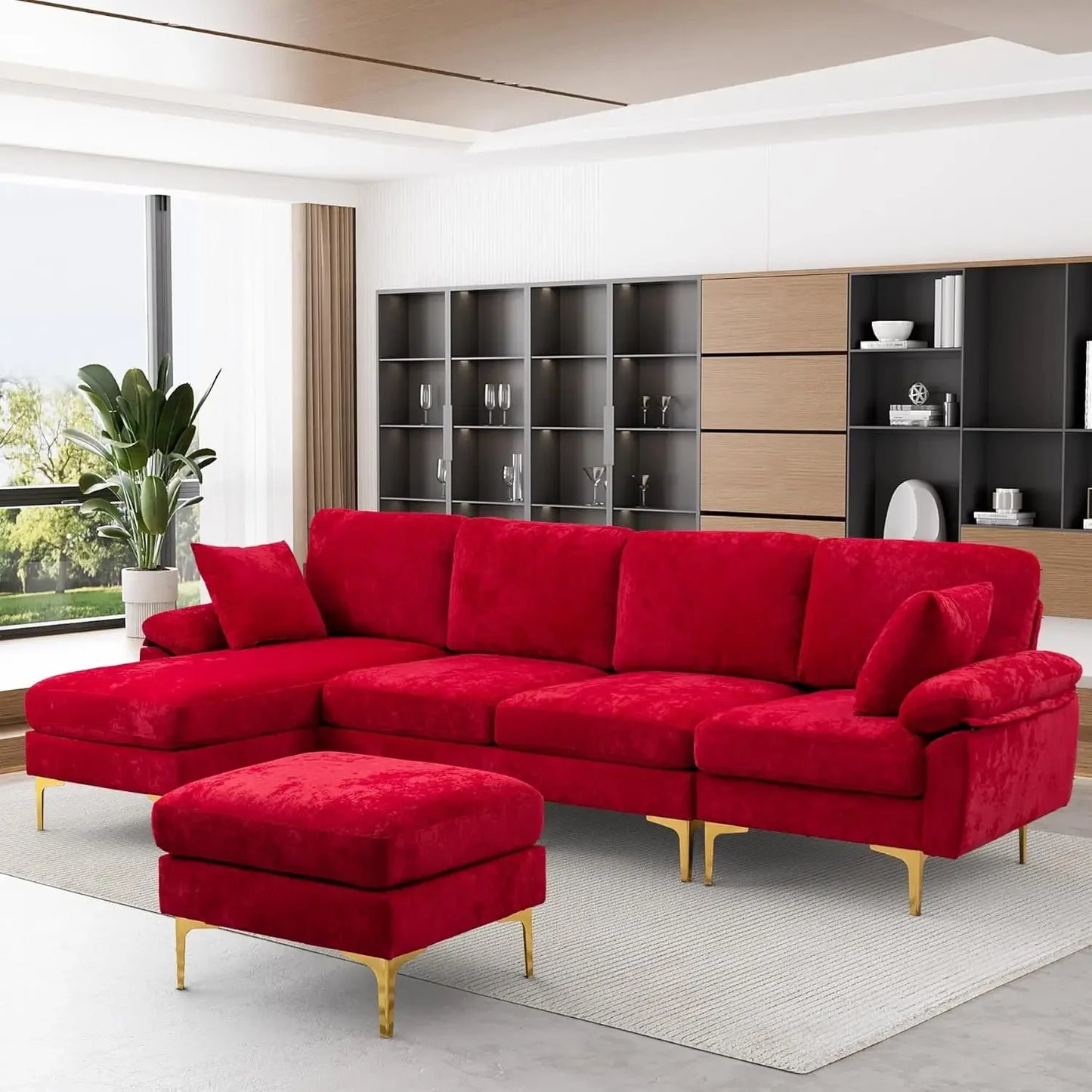 RYKER Modern Velvet U-Shaped Sectional Sofa with Chaise & Ottoman – Sectional Couch – 114.17" W