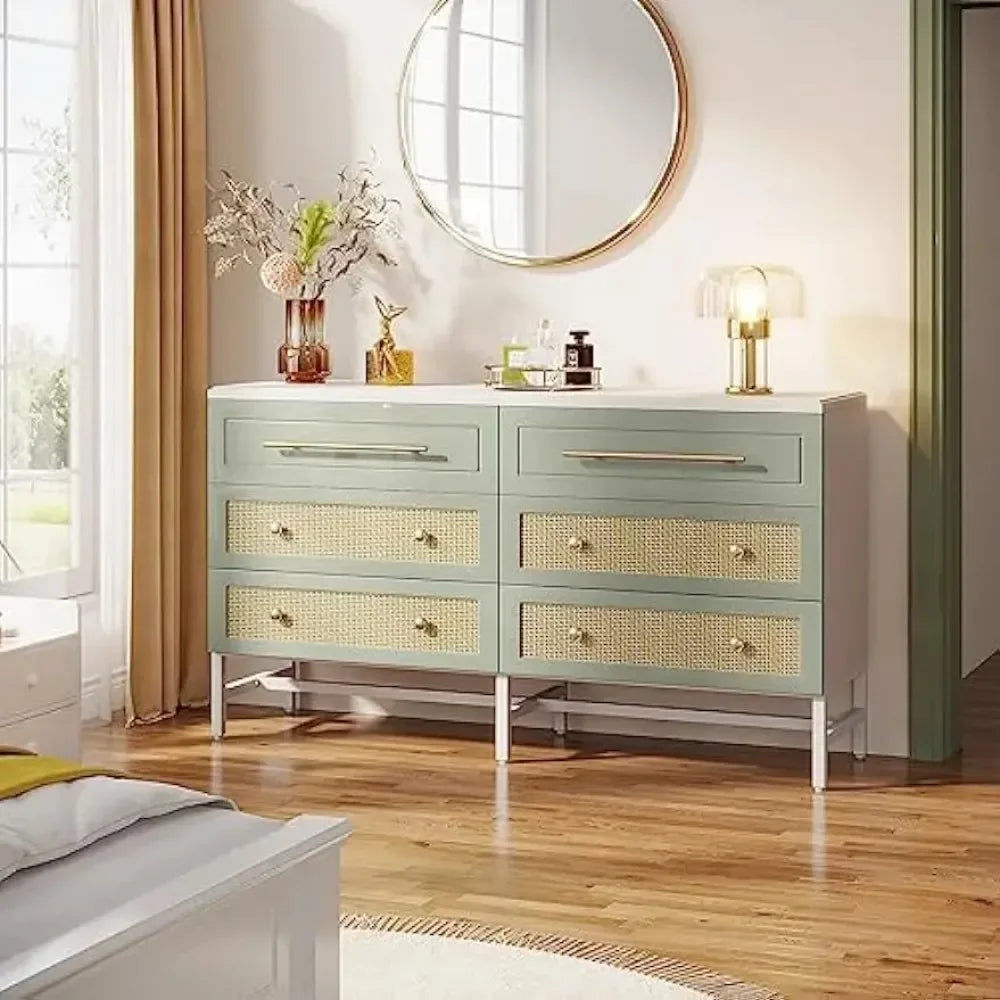 SUTTON Modern Rattan 6 Drawer Dresser - 55" Wood Storage Chest