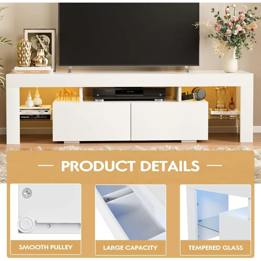 TV Stand with LED Lights, Modern Entertainment Center Media and Open Shelf Console Table Storage Desk with 1 Drawer