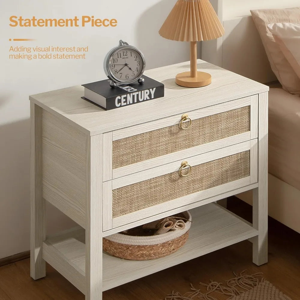 VANESSA White Boho Rattan Nightstand with Drawers & Storage Shelf - 26.7" Wide Bedside Table