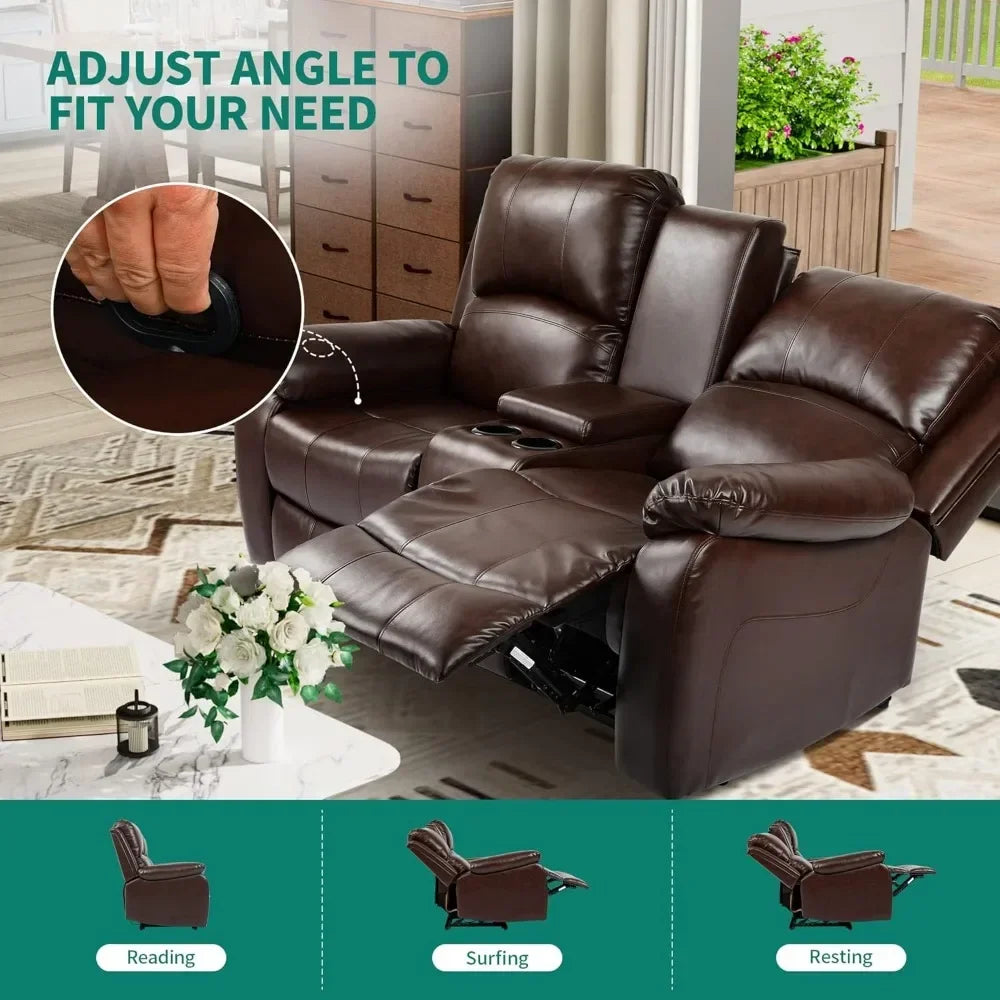 JASMINE Minimalist Modern Reclining Sofa with Storage Console, Double Recliner - 36" W