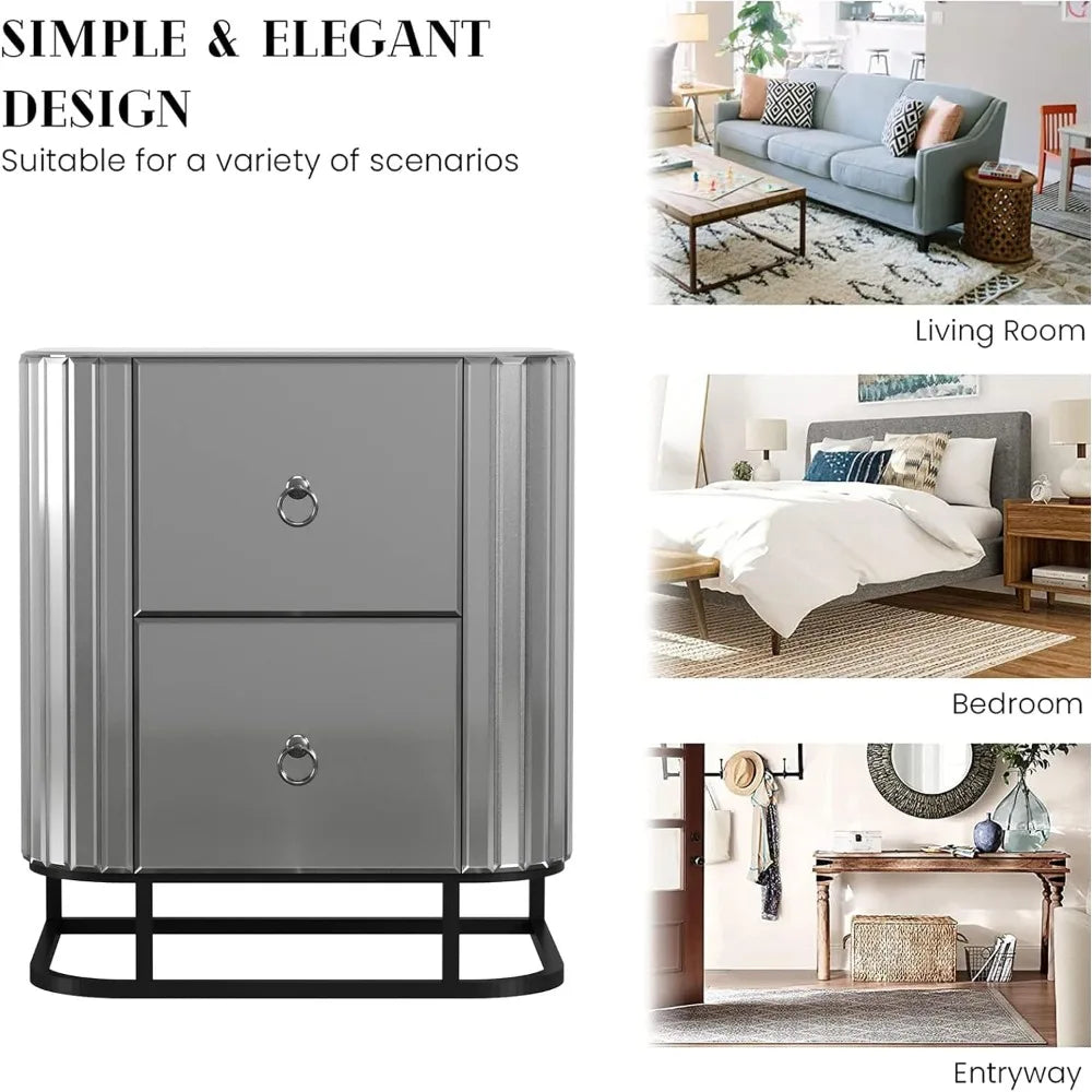 VIVIANA Modern Glass Bedside Table with 2 Drawers and Metal Frame – 19.69"W