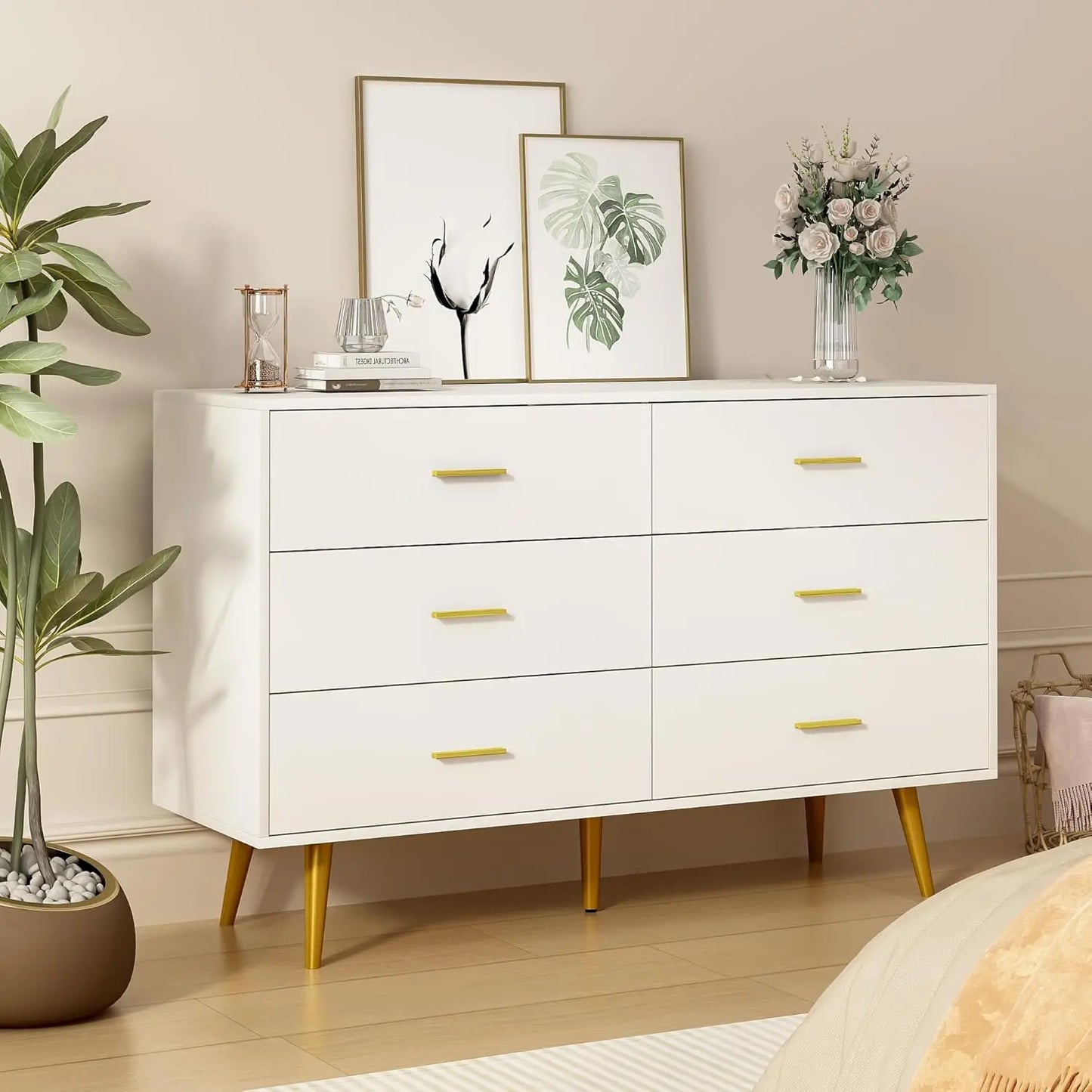 KAYLANI Modern 6-Drawer Wood Dresser with Gold Handles - 42.2" Wide