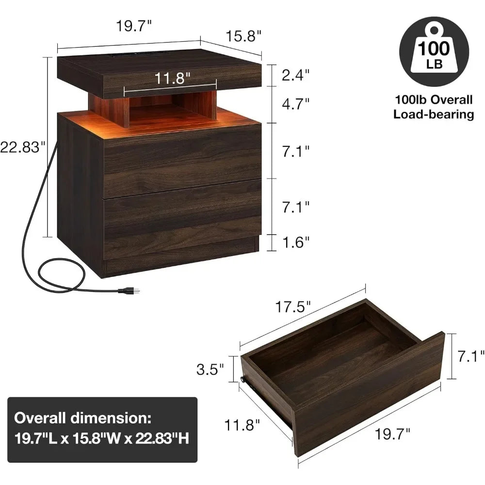 KENDALL Modern Bedside Table with Wireless Charging & USB Ports