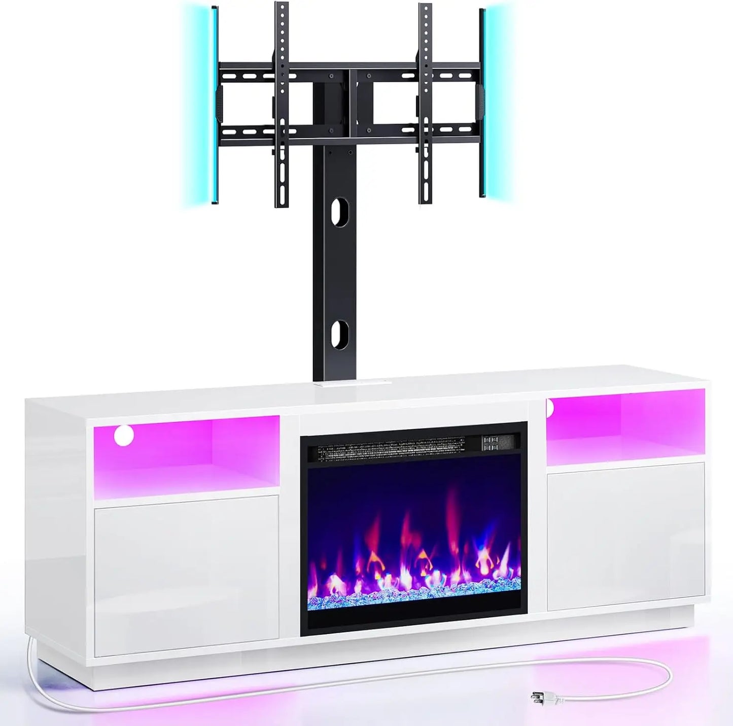 Fireplace TV Stand with Led Lights and Power Outlets Swivel TV Stand Mount for 45/55/60/65 inch TVs Height Adjustable TV Console