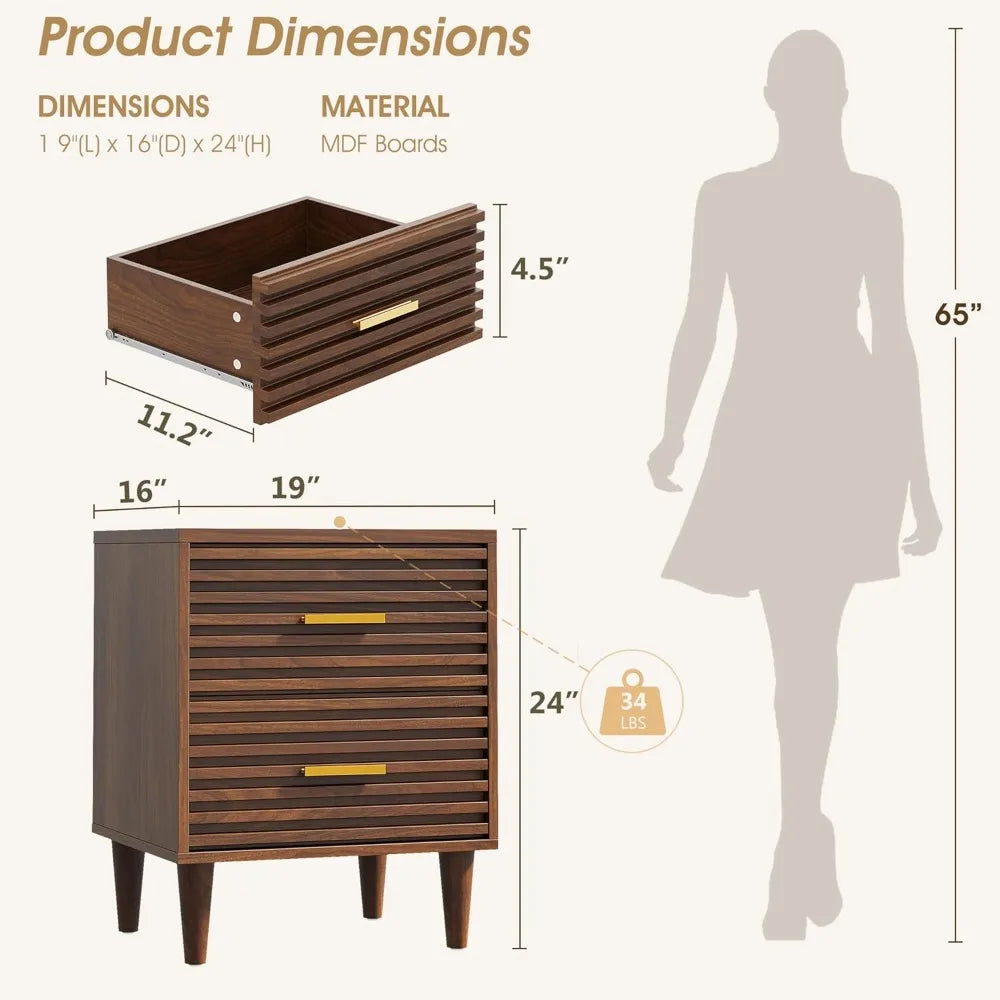 FATIMA Modern Wooden Nightstands - 19" Wide, Set of 2 with Storage Drawers