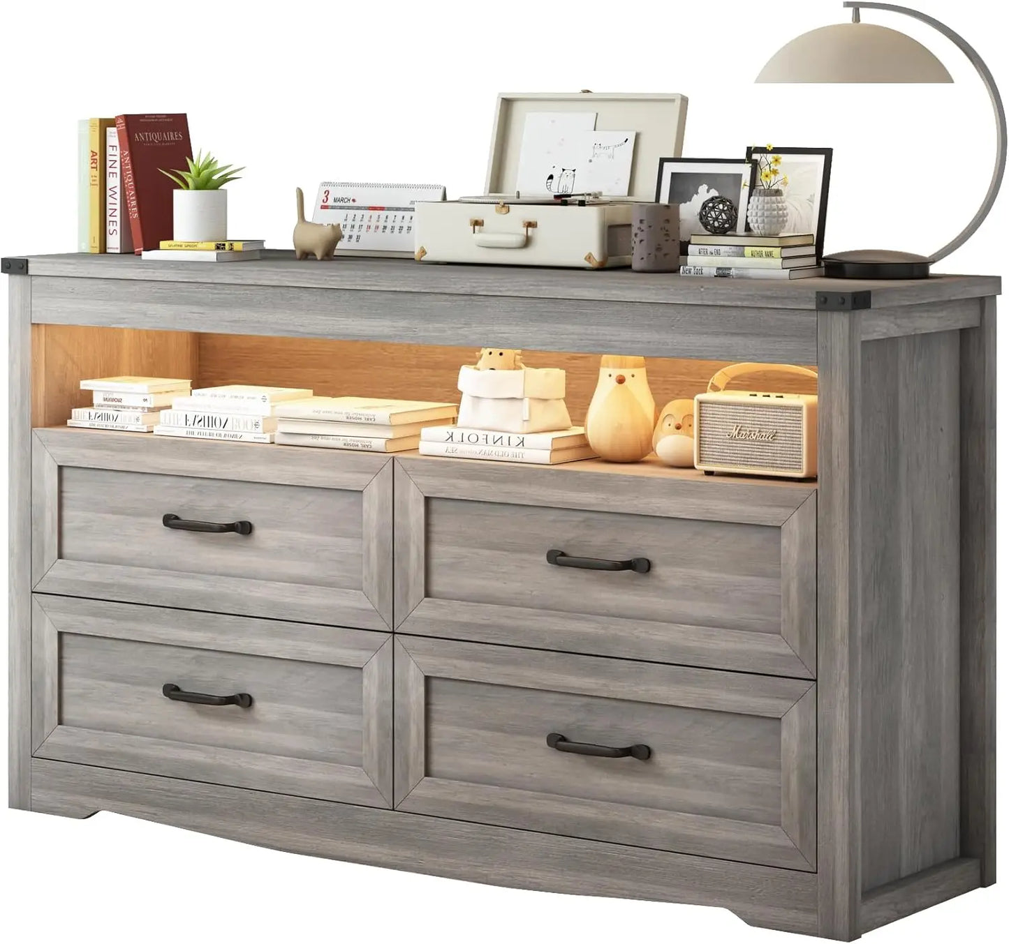 EVIE Rustic LED Bedroom Dresser – 4 Drawer Wooden Storage Chest with Open Shelf | 47.2'' W