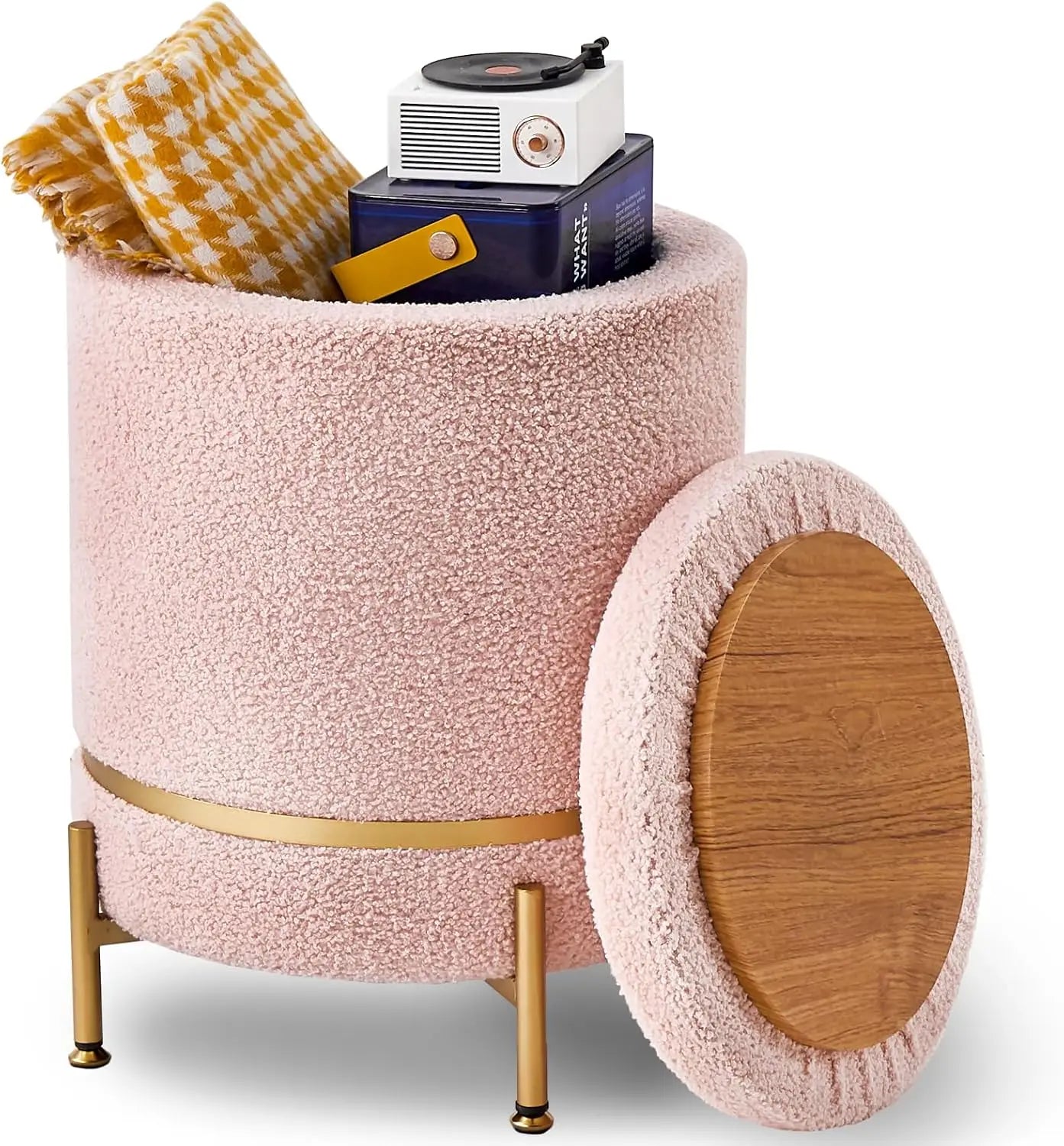 Ayden Round Velvet Upholstered Ottoman with Storage and Metal Legs - 13.8" W