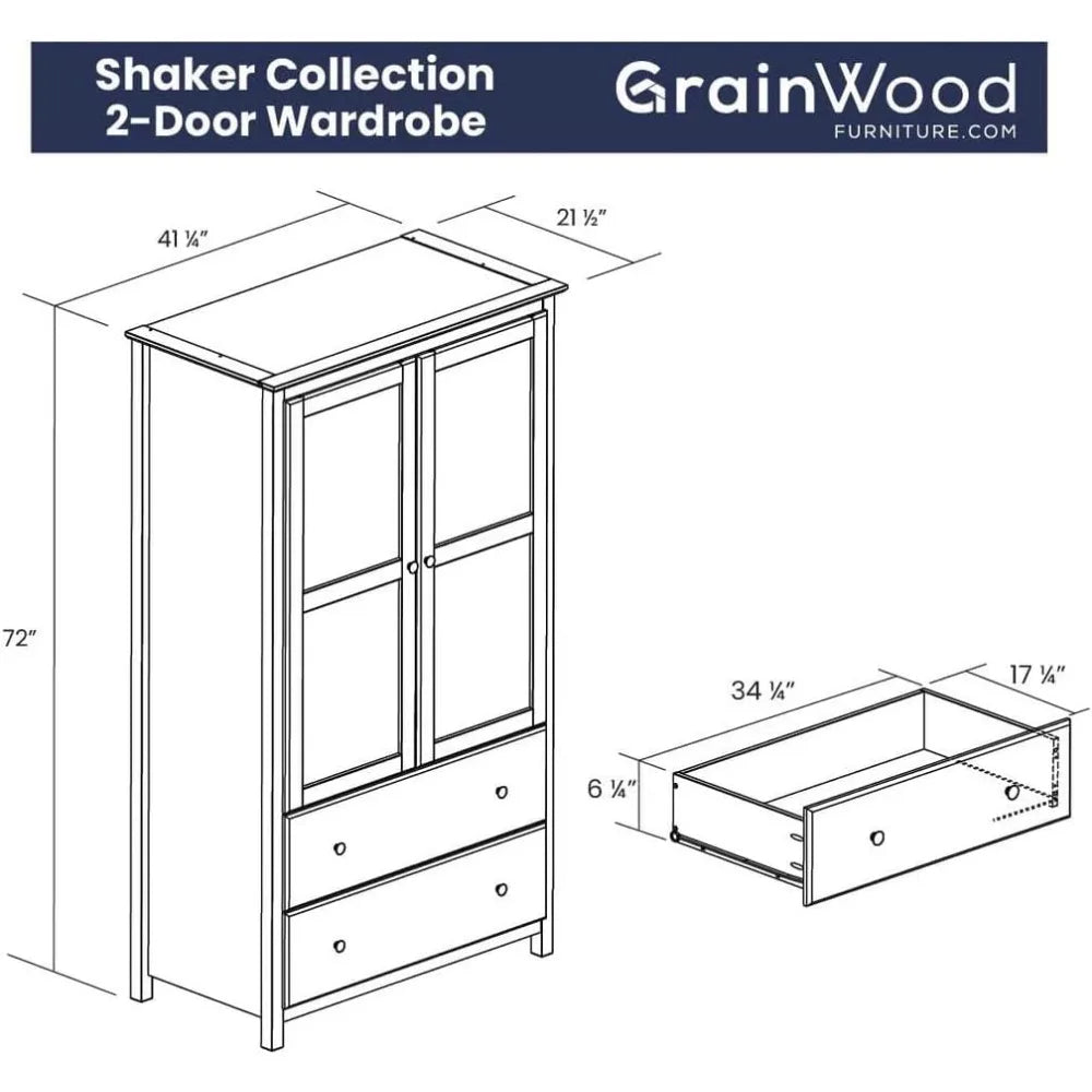 FRANCES Shaker Classic Solid Wood Wardrobe Closet – 41.25"W Bedroom Organizer