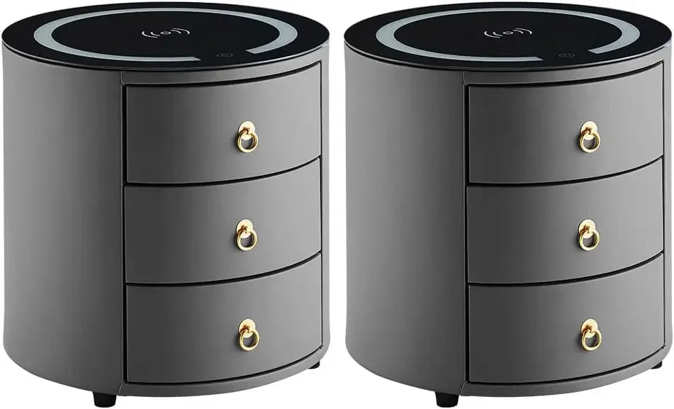 MCKENNA Modern Round Nightstand Set of 2 with Wireless Charging & LED Lights - 18.1''