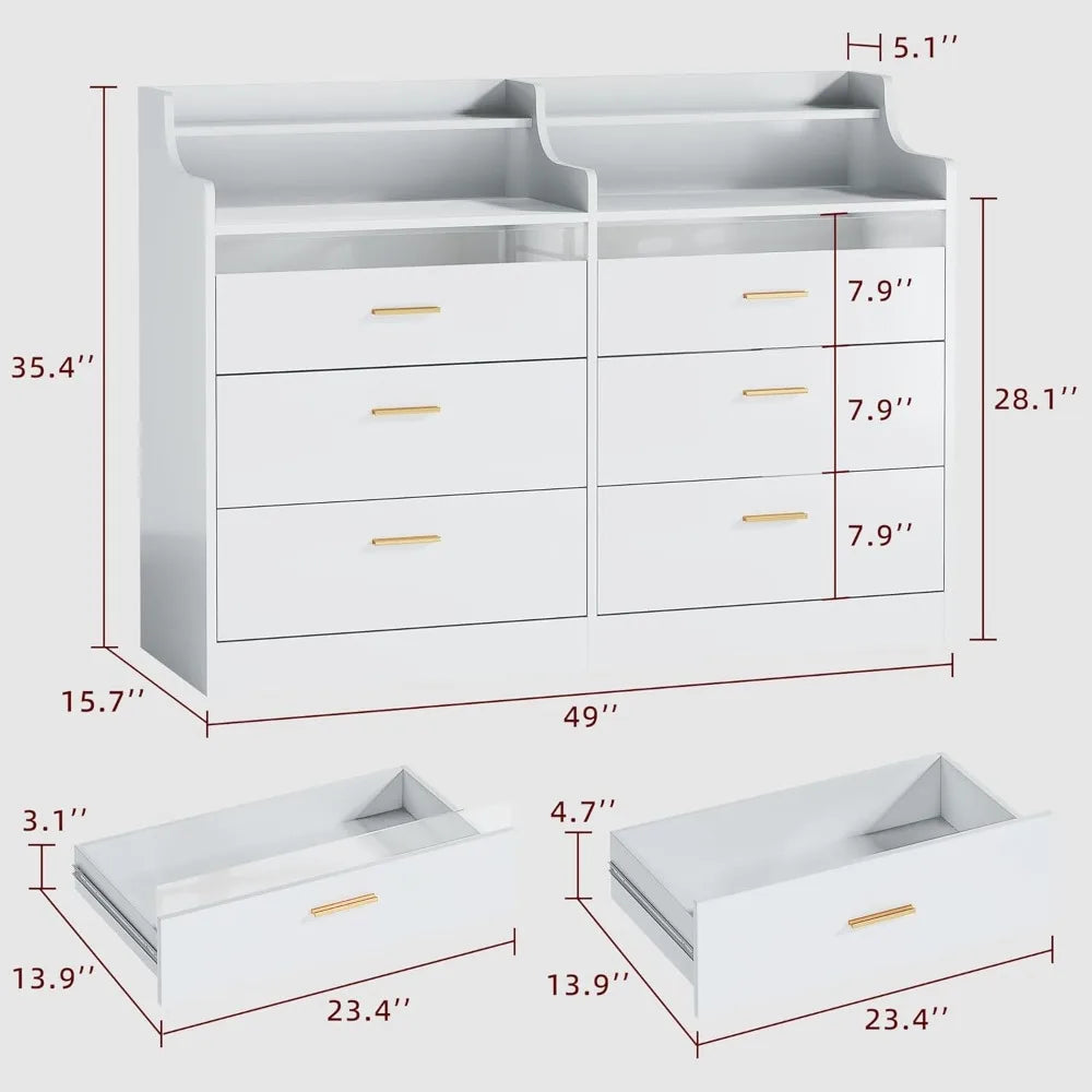 DAKOTA Modern LED Bedroom Dresser – 6 Drawer Storage Chest with Open Shelf & RGB Lights | 49'' W