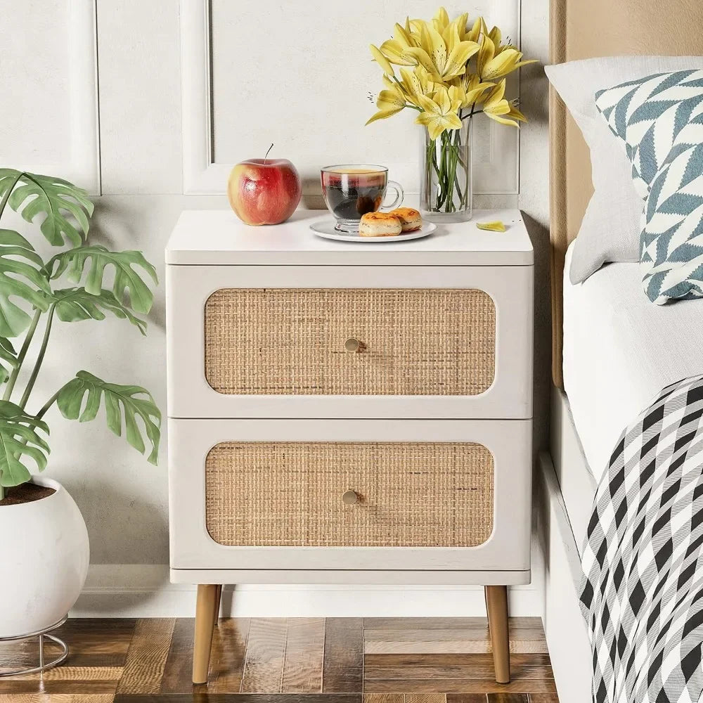 ALESSANDRA Modern Farmhouse Wicker Rattan Nightstand - 18.9'' Wooden Bedside Table