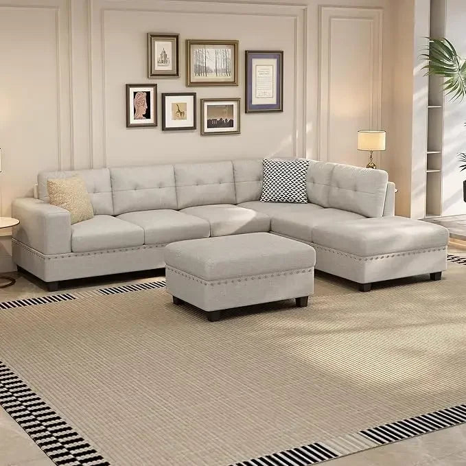 EVERETT ReversaMax Modern L-Shaped Sectional Sofa with Ottoman – Polyester Fabric Couch | 105″ W