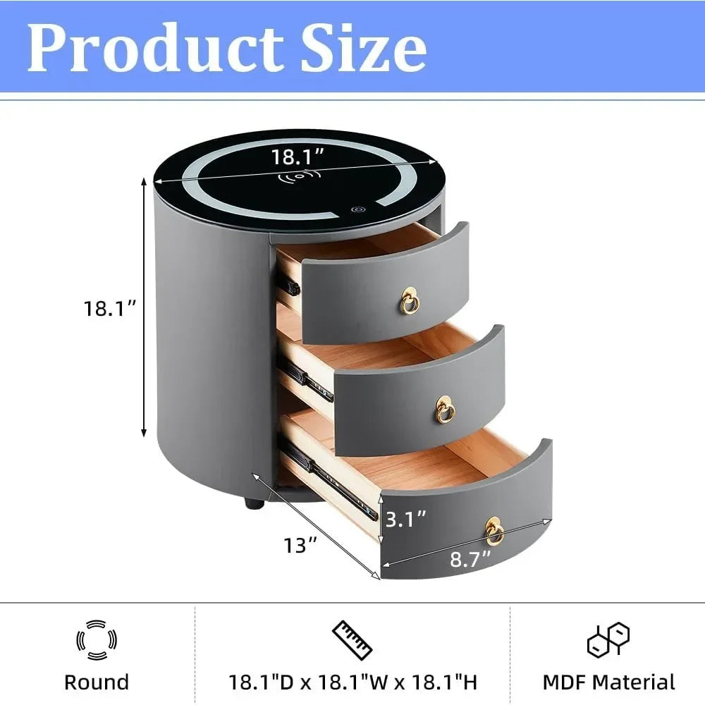 MCKENNA Modern Round Nightstand Set of 2 with Wireless Charging & LED Lights - 18.1''