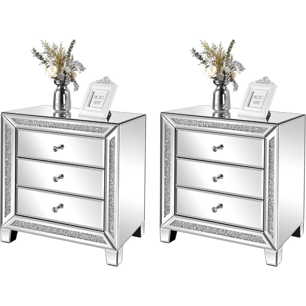 JULIANNA Mirrored Glam Nightstand Set of 2 - 23" Wide 3-Drawer Bedside Tables