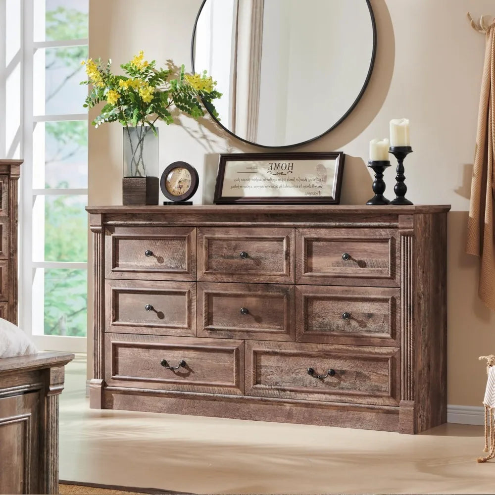 ELISE Rustic Farmhouse 8-Drawer Dresser with Roman Column Design – 61'' Wide Bedroom Storage Chest