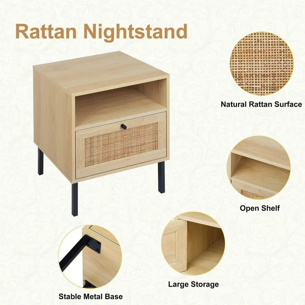 GISELLE Wooden Bedside Table with Metal Legs & Open Shelf - 18.9'' Wide