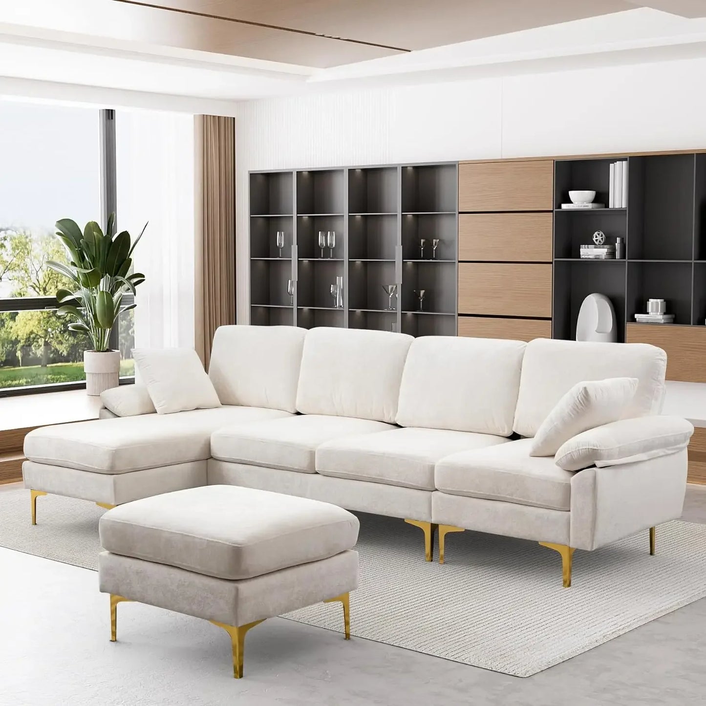 RYKER Modern Velvet U-Shaped Sectional Sofa with Chaise & Ottoman – Sectional Couch – 114.17" W