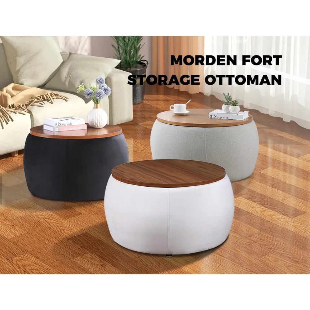 KAYLA Round Velvet Ottoman Storage Coffee Table – 26"W