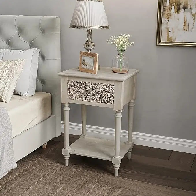 HOPE Vintage Floral Carved Wooden Nightstand Set – 18" Wide Bedside Table with 2 Drawers