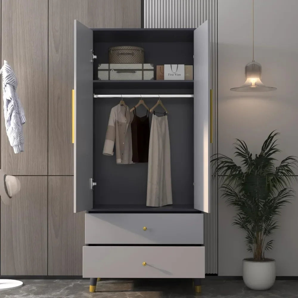 SABRINA Modern Wooden Wardrobe Armoire – Bedroom Clothing Organizer with Drawers & Hanging Rod