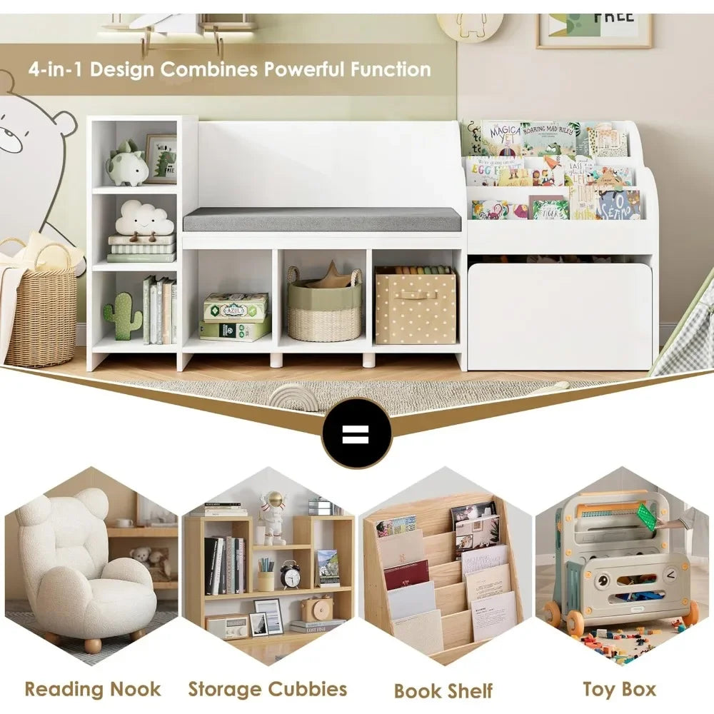 NOAH Reading Nook with Cushion, Bookcase & Storage Cubbies – 67" W